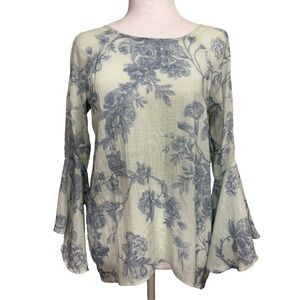 Lauren Conrad Top Green Blue Floral Bell Sleeve Gauzy Boho Romantic Cottage M